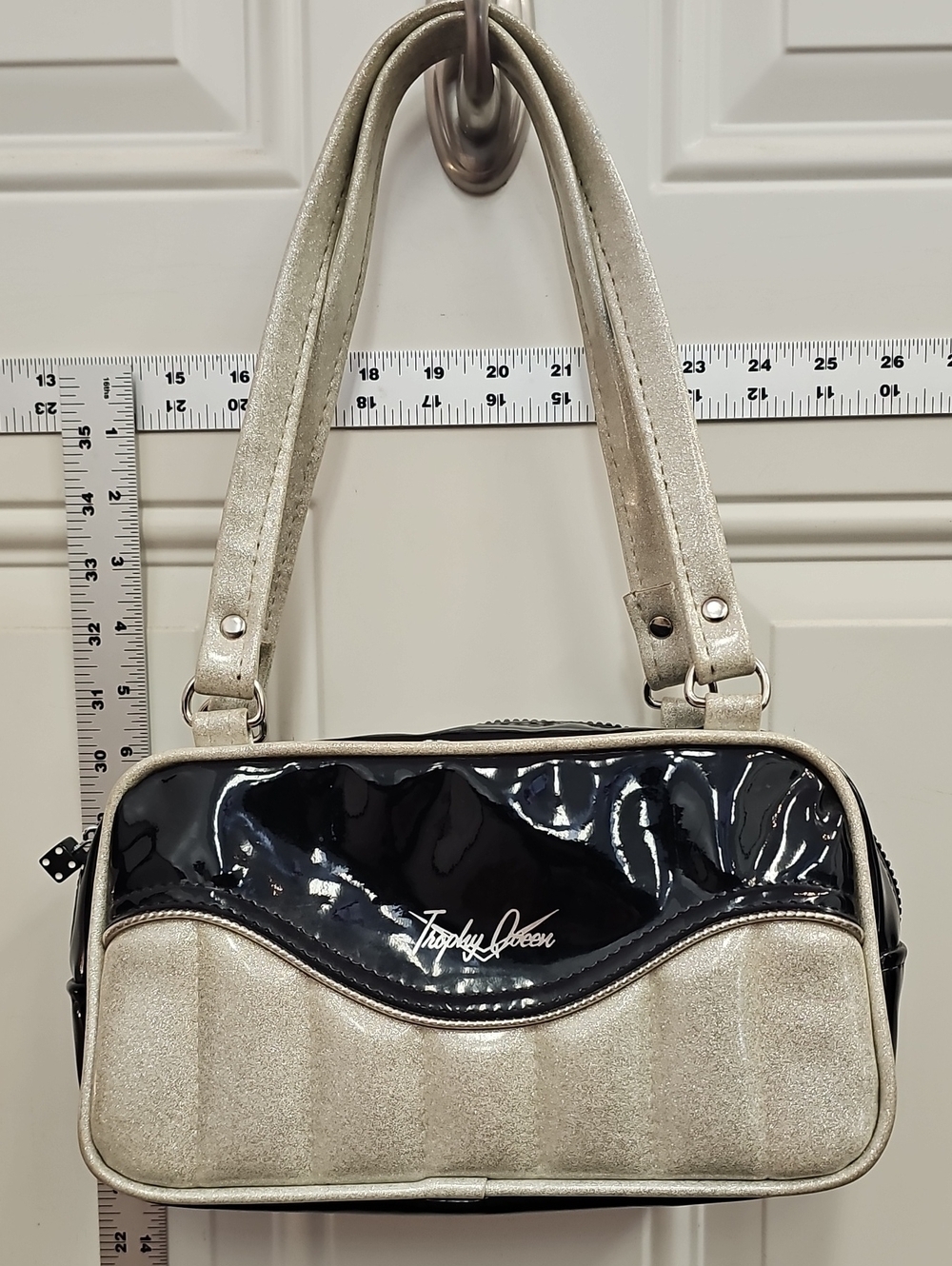 Metallic, 50s, Retro, Punk, Funky, Silver, Black, Patent, Shoulder, Bag, Party